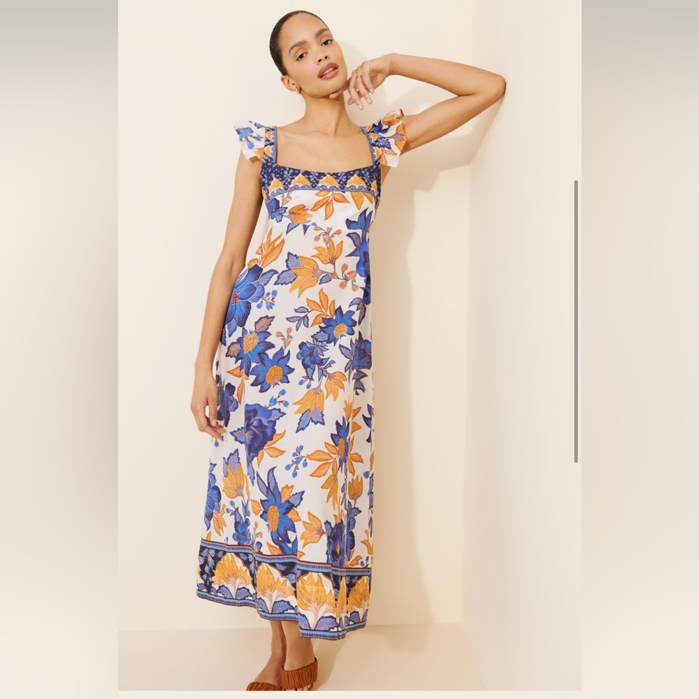 FARM Rio Scoop Neck Ruffle Midi Dress